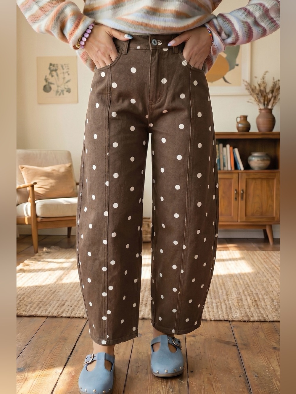 Tailored Seam Polka Dot Print Barrel Casual Jeans